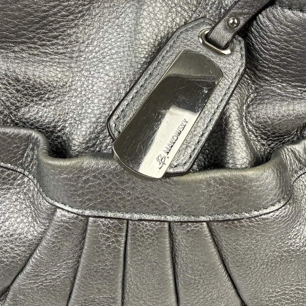 B Makowsky Hobo Handbag‎ Metallic Silver Leather Tasseled Boho Chic Everyday Bag